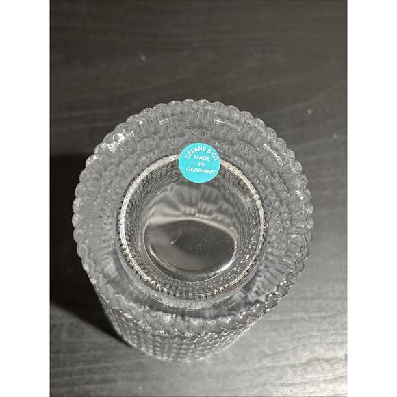 TIFFANY & CO Woven Basketweave Cylinder 8" Crystal Glass Vase Made In Germany - Picture 3 of 5